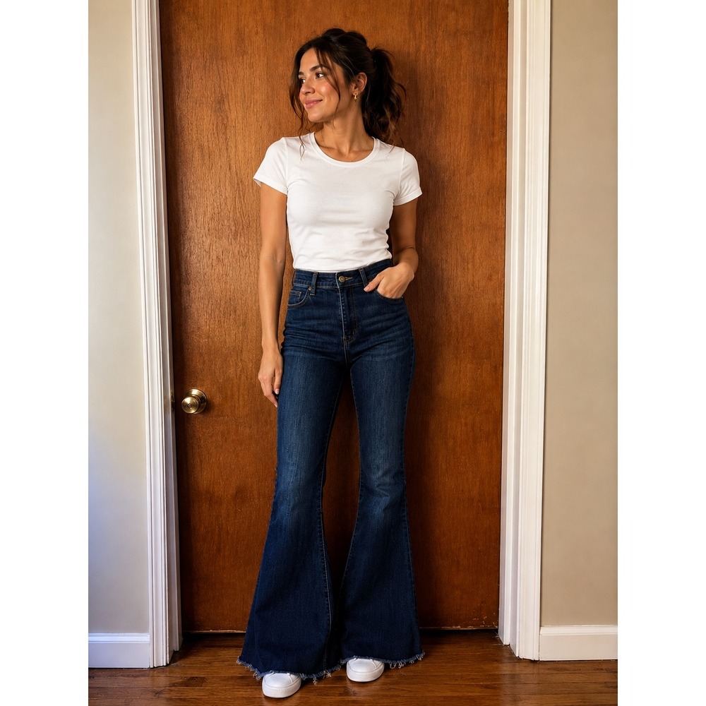 Lucky‎ & Blessed L&B High Rise Flare Jeans Dark Wash Raw Hem Bell Bottoms Size 2